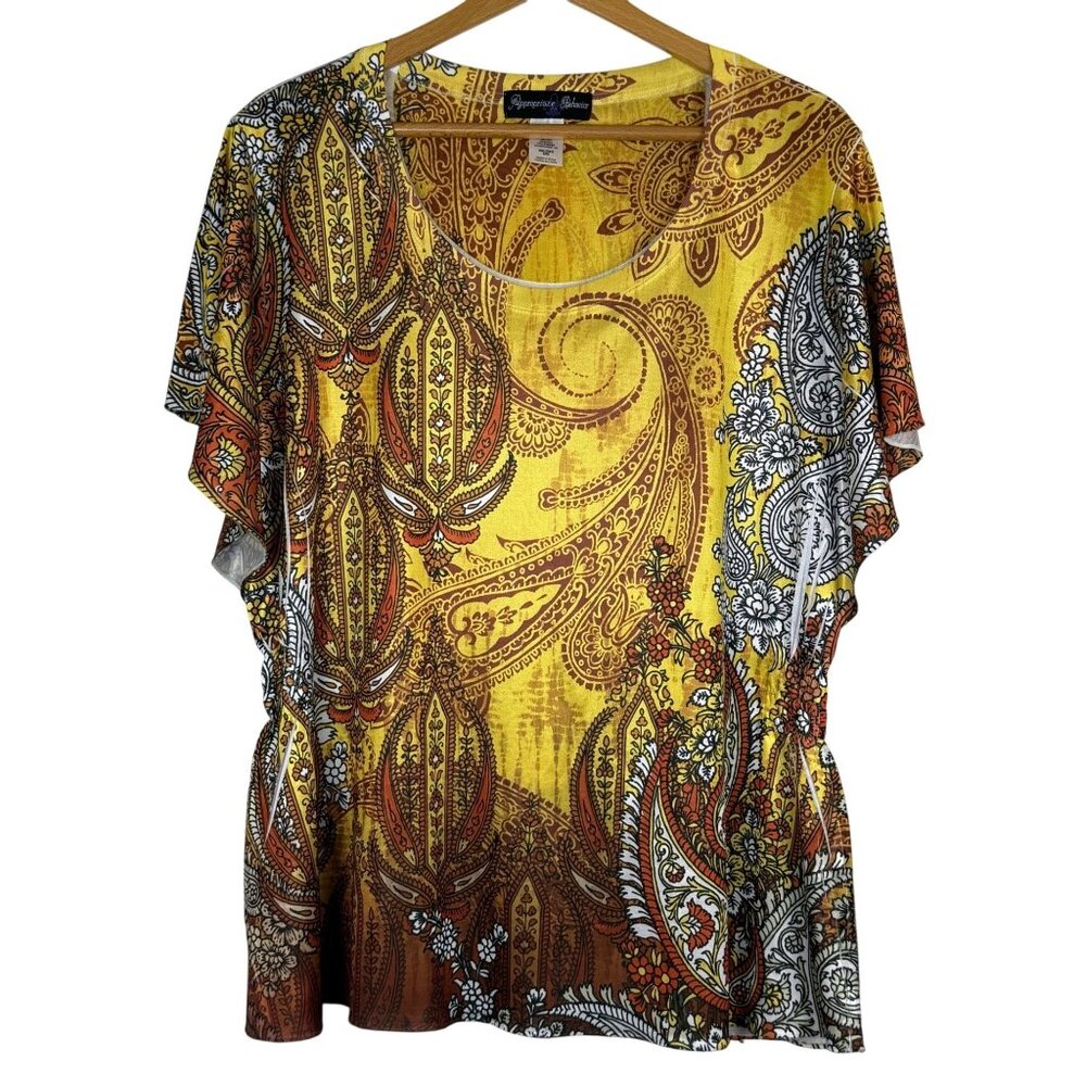 Appropriate Behavior Gold Paisley Satin Blouse XXL 20 Flutter Sleeve Bold Top